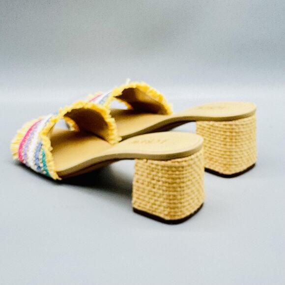J Crew Sandals Womens 8.5 Beige Woven Slide Open Toe Block Heel Raffia Fringe - Picture 5 of 11